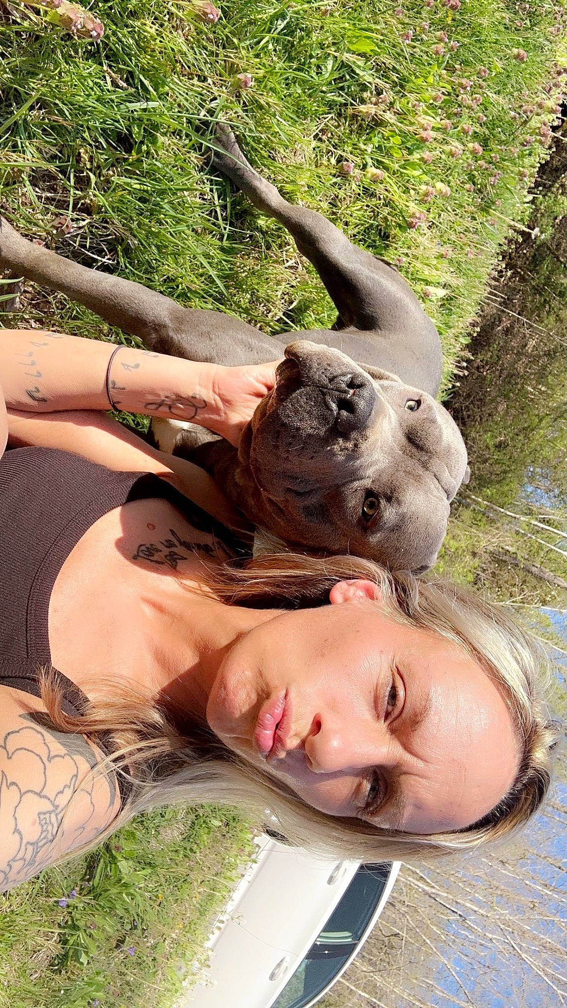 Rip is registered to the contest to win money with this photo: arm, chest, elbow, fawn, fun, gesture, grass, happy, human_body, jaw, leg, leisure, mammal, plant, summer, thigh, tree, trunk, vertebrate, wood