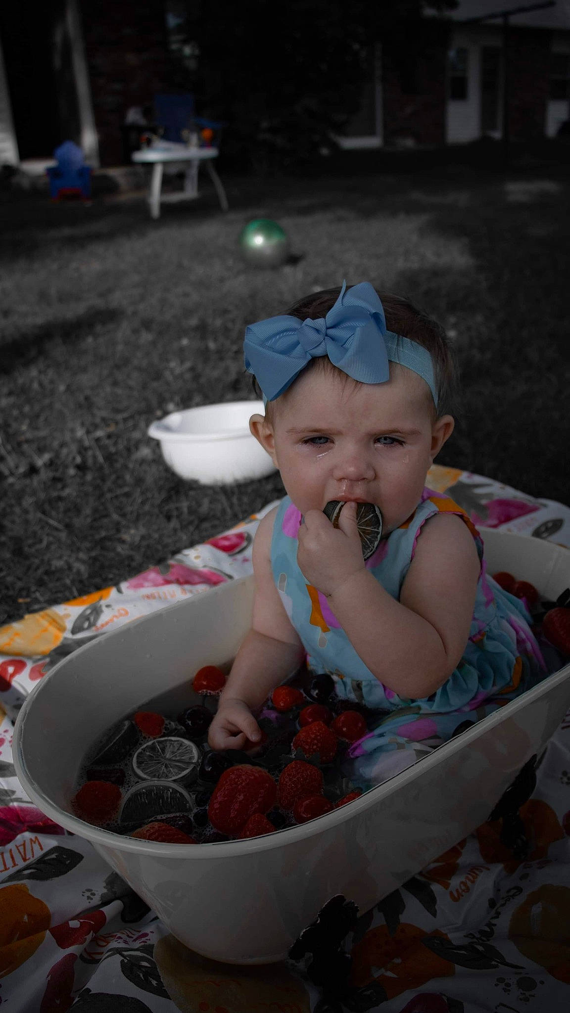 Lilliana is registered to the contest to win money with this photo: baby, baby_products, baby_toddler_clothing, bowl, cap, child, comfort_food, cooking, event, food, fun, grass, happy, hat, headwear, leisure, person, play, recreation, sitting