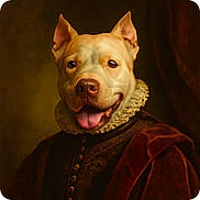 Sassy joined the competition — help win amazing prizes! animal, artistic, brown_cloak, buttoned_jacket, canine, classical_painting, costume, dark_background, dog, ears, fur, happy_dog, historical_clothing, pet, portrait, renaissance_style, ruffled_collar, smiling_dog, studio_lighting, tongue_out