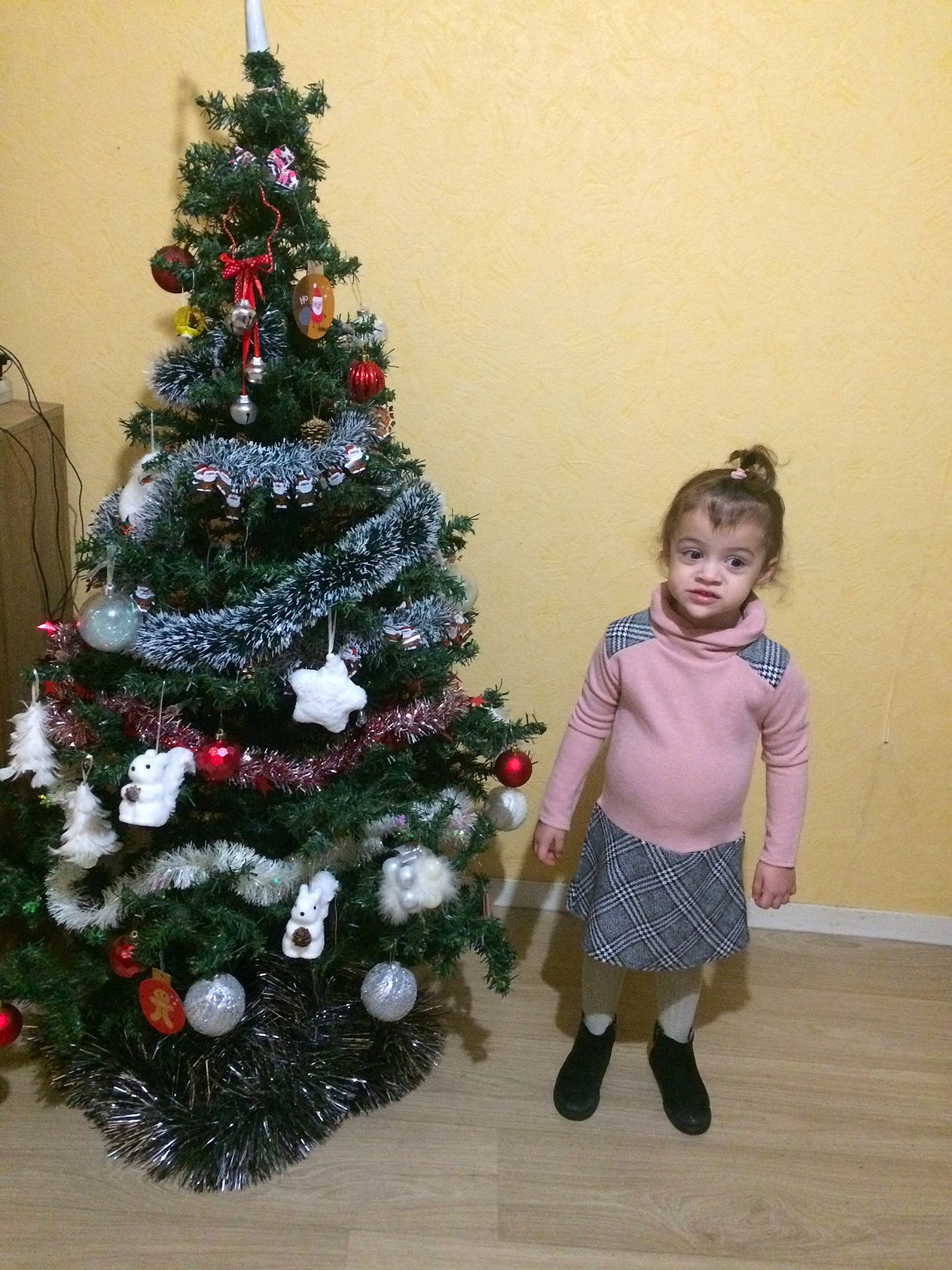 Lilou a rejoint le concours — aidez-le/la à gagner de superbes lots ! baby_toddler_clothing, christmas_decoration, christmas_eve, christmas_ornament, christmas_tree, conifer, event, evergreen, holiday, holiday_ornament, human_body, ornament, person, plant, smile, standing, tints_and_shades, toddler, tree, winter