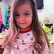 David is registered to the contest to win money with this photo: background, child, christmas_tree, cute, decorations, face, festive, furniture, girl, happy, holiday, home, indoor, living_room, long_hair, pajamas, person, portrait, smile, toy