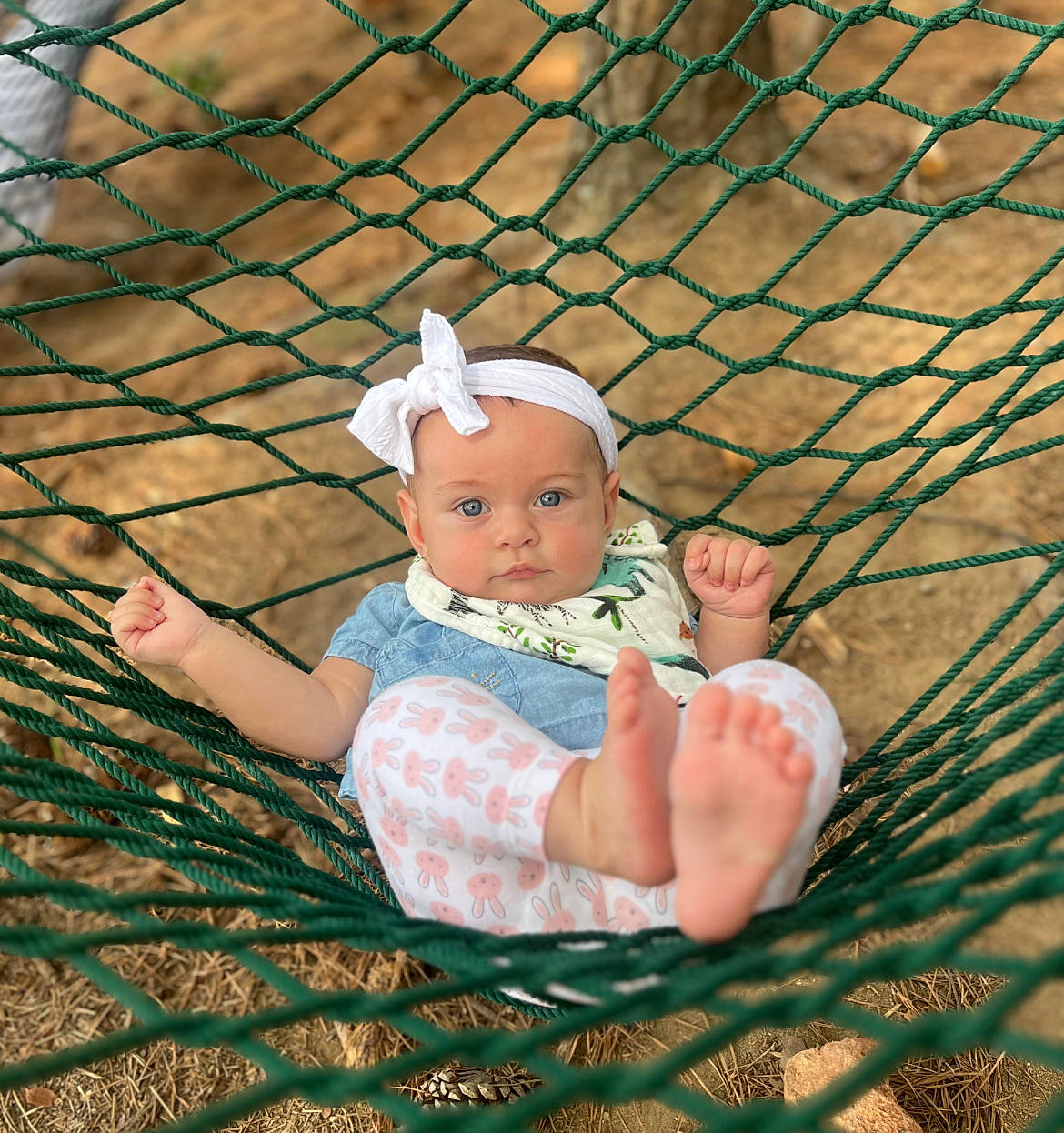 Ameera is registered to the contest to win money with this photo: baby, baby_products, baby_toddler_clothing, child, fence, fun, grass, happy, hat, headwear, leisure, mesh, net, pattern, people_in_nature, person, play, sitting, sun_hat, toddler