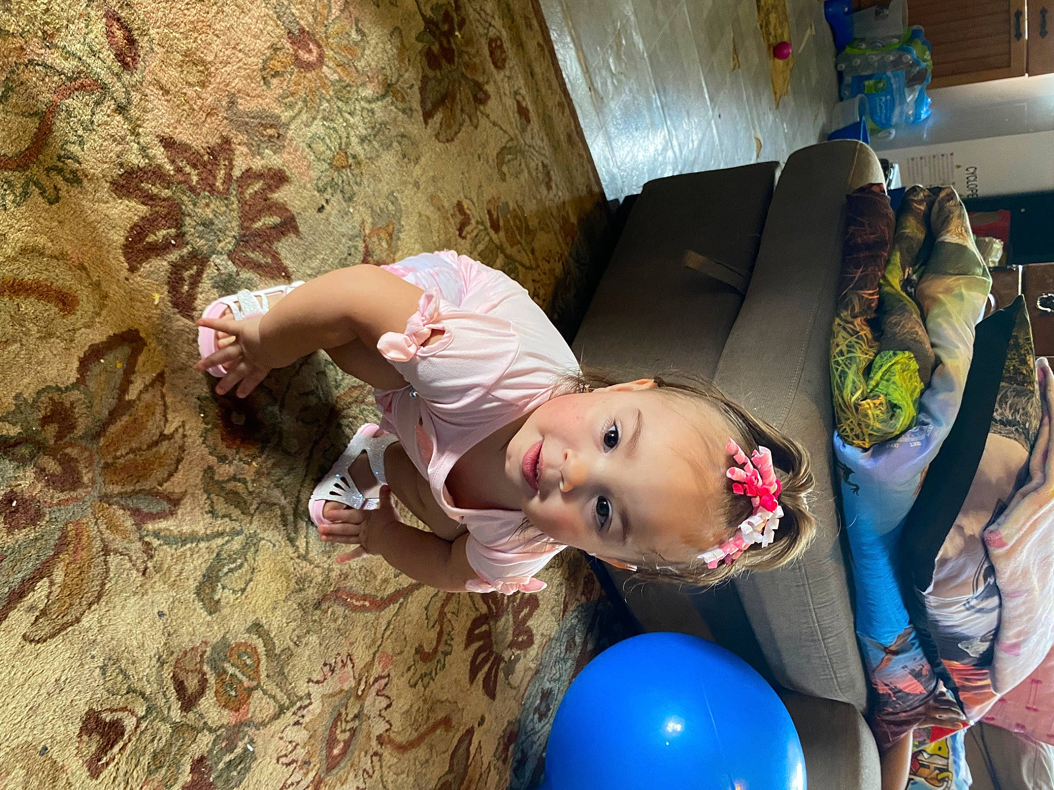 Meylanie joined the competition — help win amazing prizes! baby, ball, balloon, child, flooring, fun, happy, human, leisure, linens, party_supply, person, plant, play, room, shoe, sitting, toddler, toy, tree