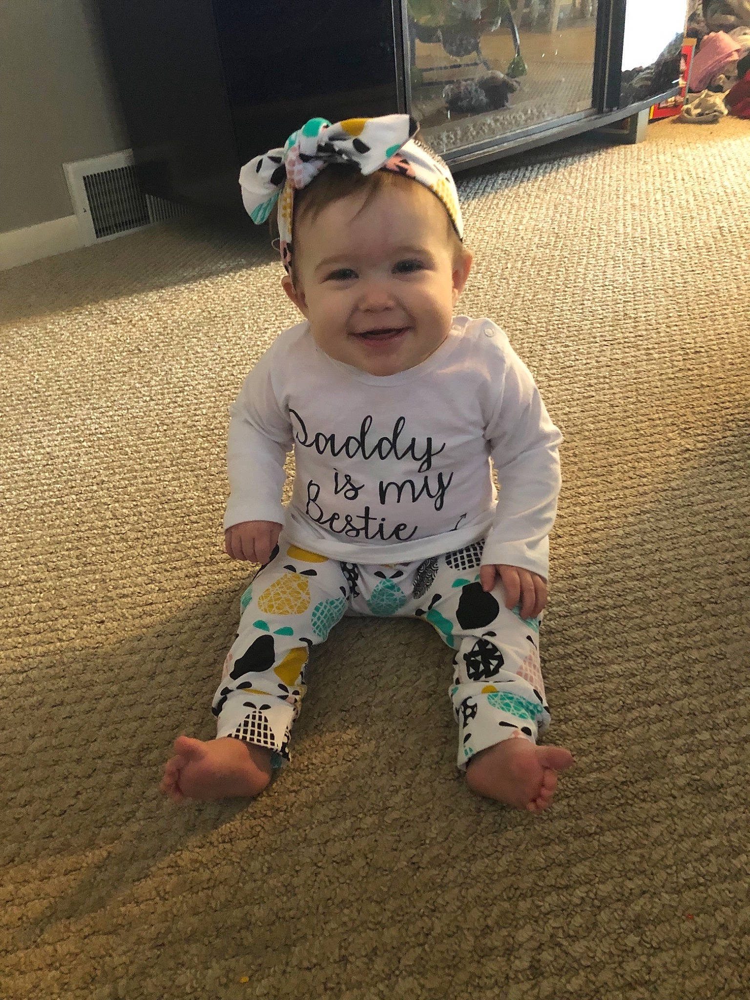 Scarlett joined the competition — help win amazing prizes! baby, child, crawling, electronic_device, floor, flooring, fun, head, joint, joy, leg, person, play, sitting, skin, smile, t_shirt, toddler, vacation, world