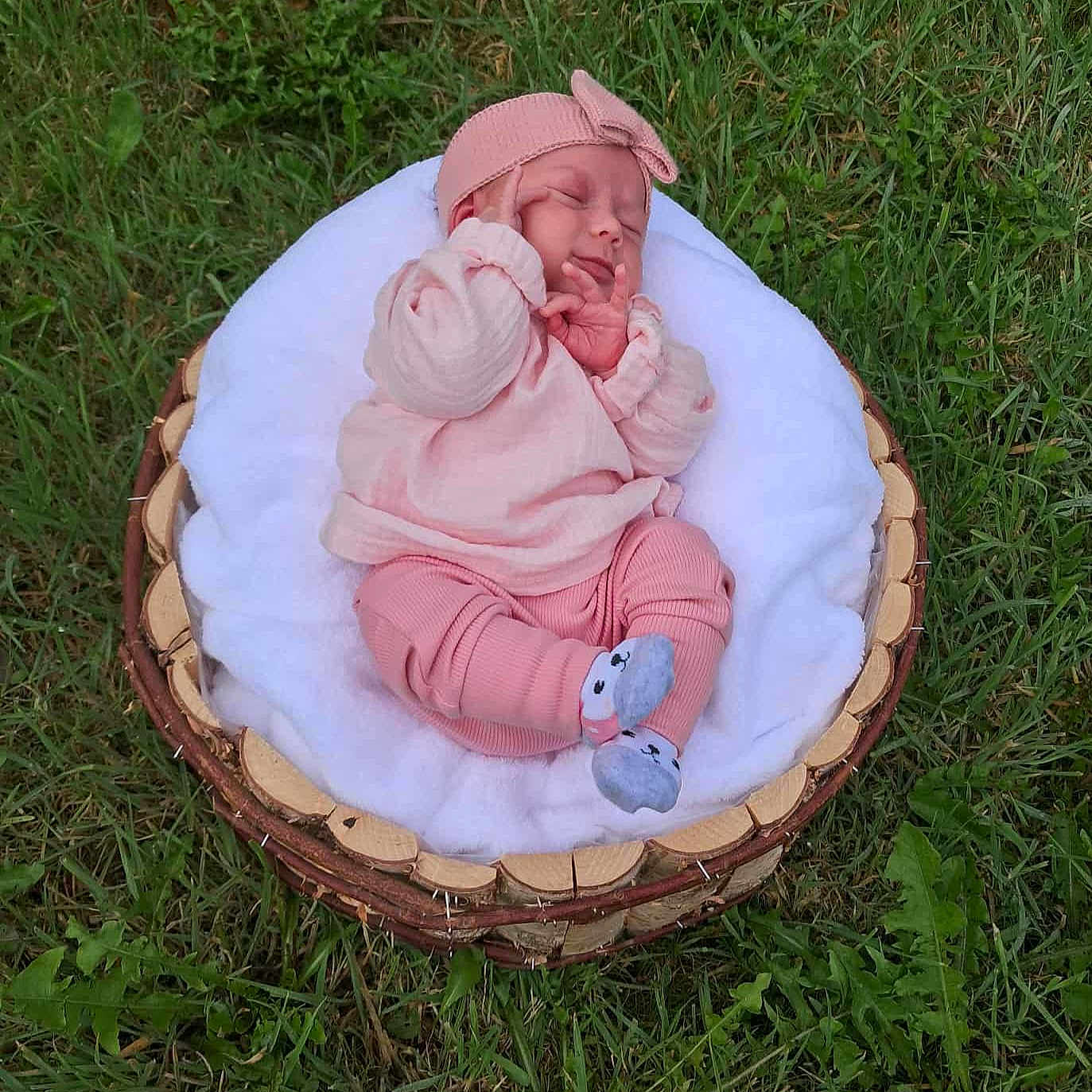Louéna participe au concours pour gagner de l'argent avec cette photo : baby, infant, sleeping, pink_clothing, headband, basket, cushion, grass, outdoor, newborn, cozy, cute, peaceful, soft, nature, portrait, child, person, footwear, resting