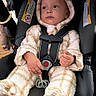 Kairo joined the competition — help win amazing prizes! baby, child, car_seat, onesie, bear_costume, hood, sitting, straps, cute, infant, indoor, clothing, face, person, seat, safety_harness, expression, soft_toys, plush, floor