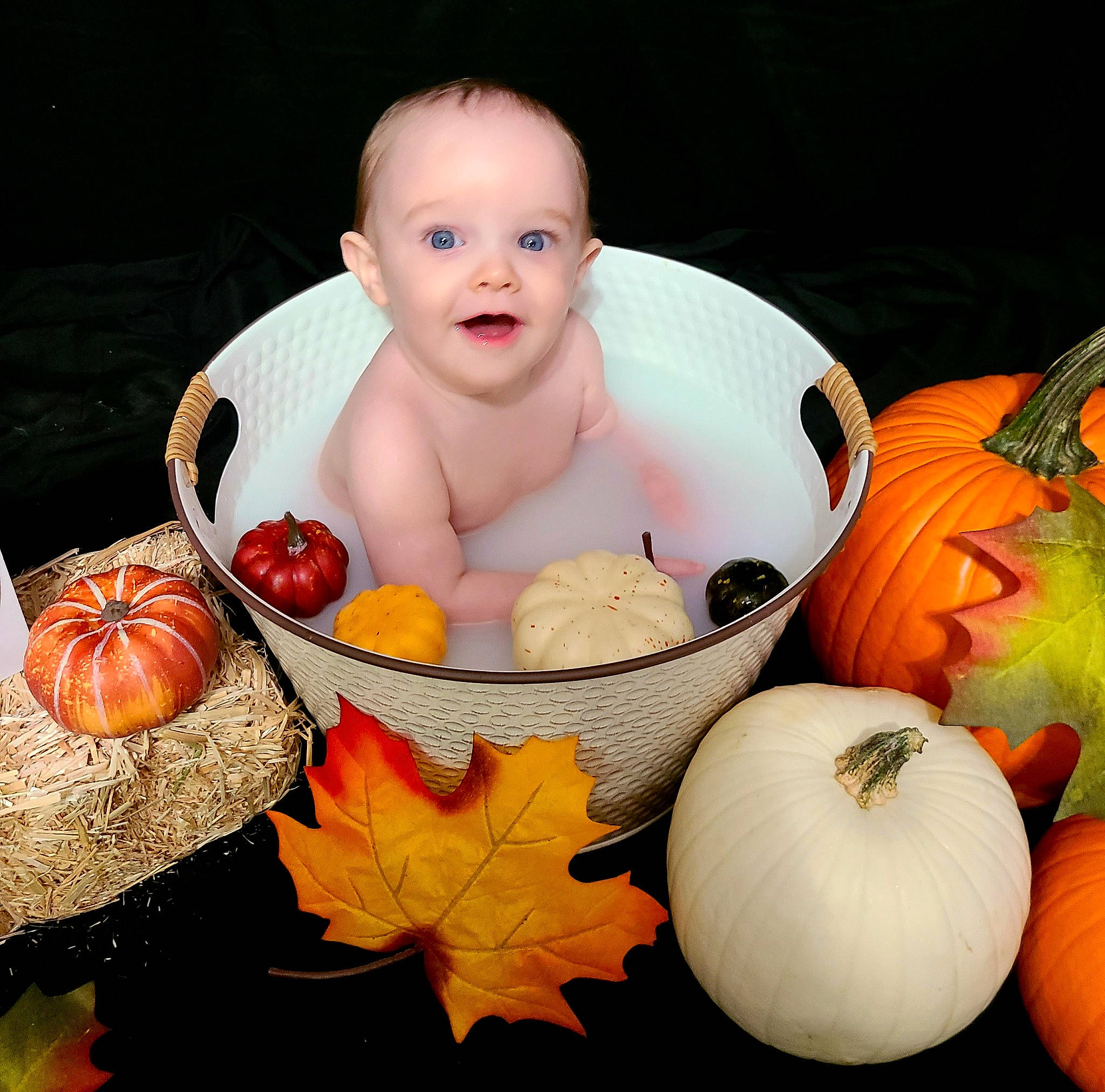 Lane Lovett is registered to the contest to win money with this photo: baby, calabaza, cucurbita, food_group, fruit, gourd, happy, natural_foods, orange, person, produce, pumpkin, sitting, smile, squash, still_life, still_life_photography, tableware, toddler, vegetable