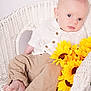 Riley is registered to the contest to win money with this photo: baby, barefoot, beige_pants, casual, child, cozy_clothing, curious_expression, cute, flower_bouquet, indoor, infant, neutral_background, person, portrait, relaxed, soft_lighting, sunflowers, white_shirt, wicker_chair, young_child