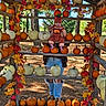 baby, child, infant, pumpkin, autumn, fall, harvest, outdoor, farm, orchard, rustic, wooden_frame, leaves, orange, costume, hat, sitting, adult, nature, portrait