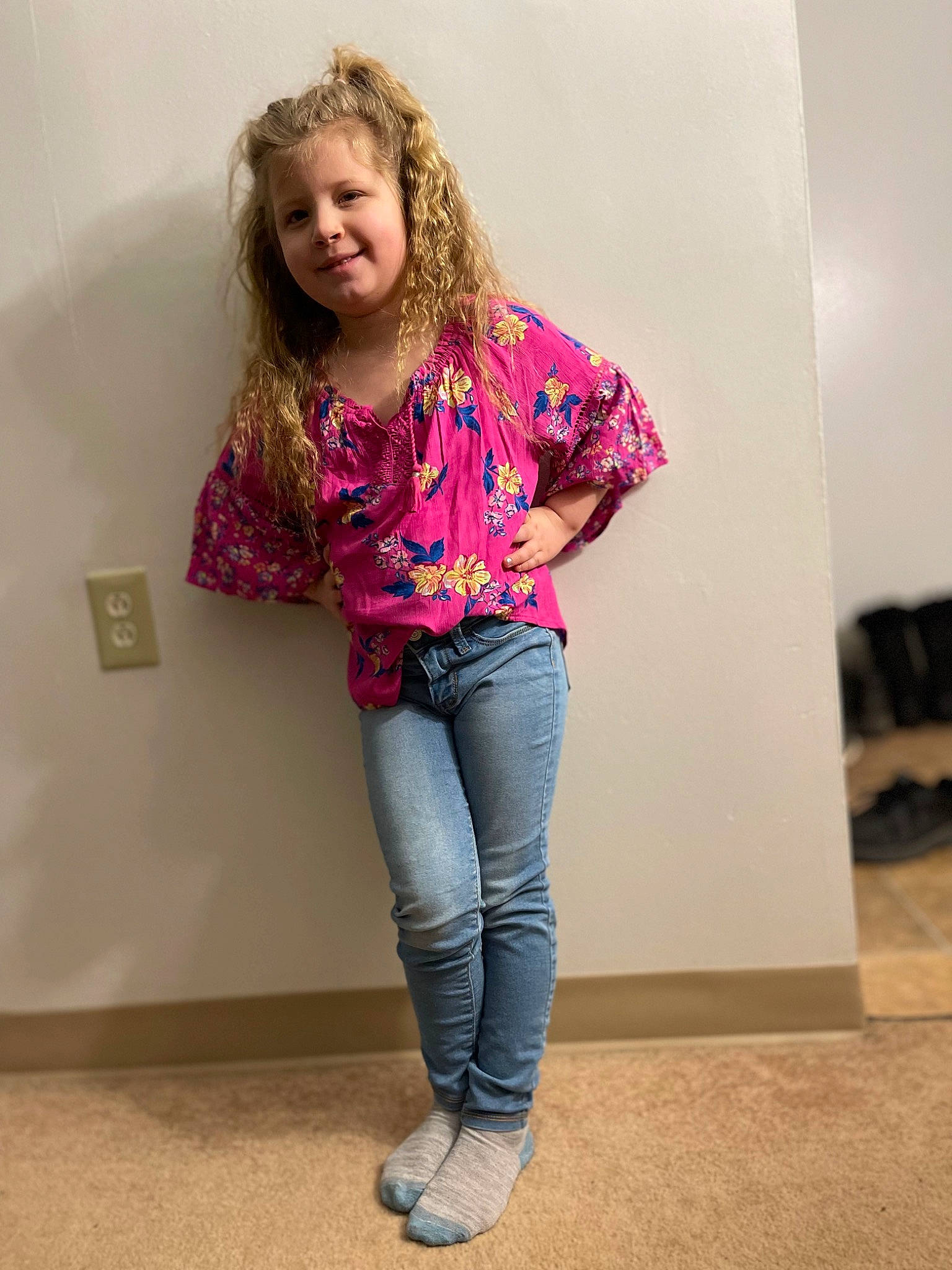 Trinity joined the competition — help win amazing prizes! denim, electric_blue, fashion_design, flooring, hair, human_leg, joint, joy, knee, long_hair, magenta, neck, person, pink, shoulder, sleeve, smile, sportswear, street_fashion, t_shirt