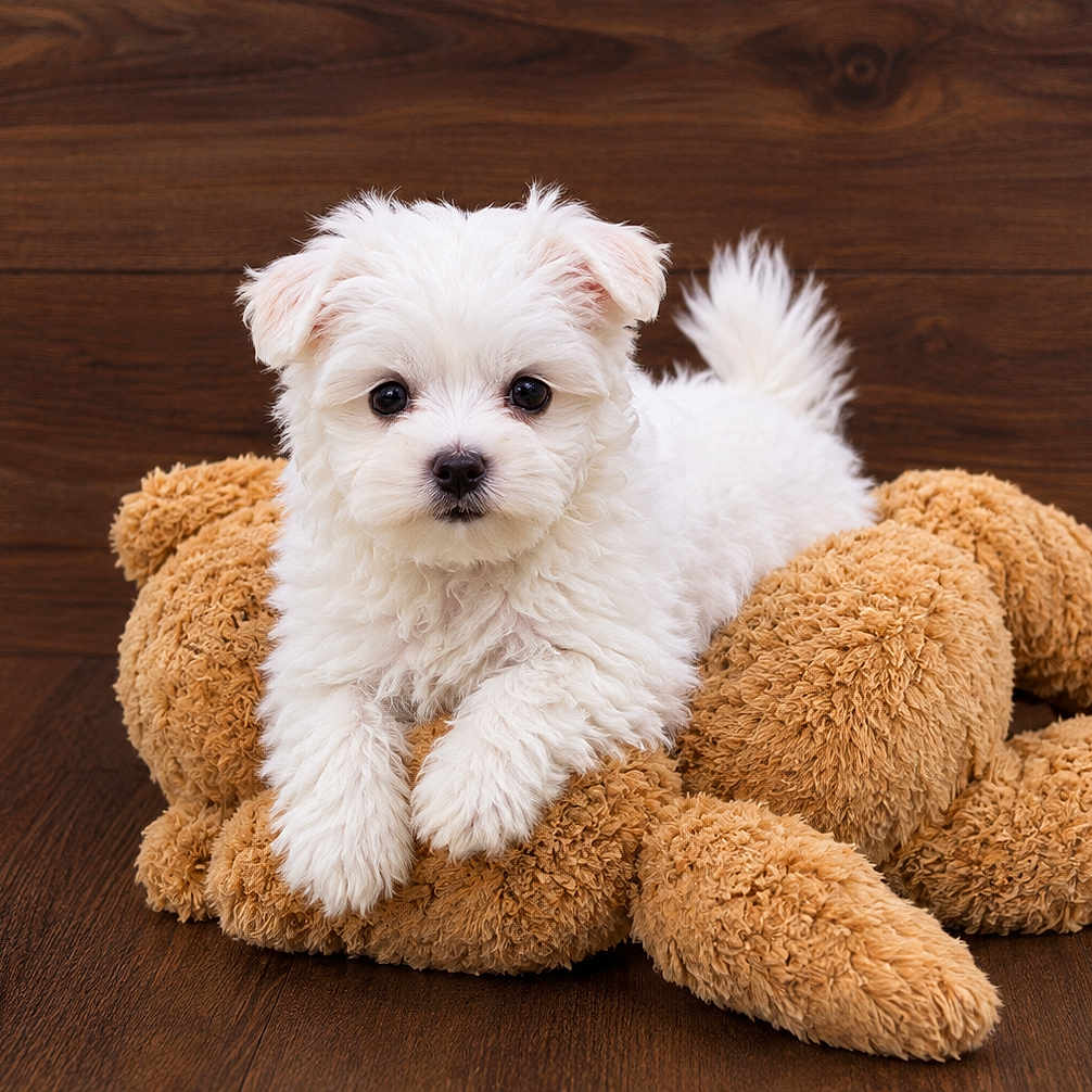 Zoey joined the competition — help win amazing prizes! puppy, dog, teddy_bear, stuffed_animal, white_fur, fluffy, cute, portrait, sitting, indoors, wooden_floor, wooden_wall, brown_background, pet, animal, puppy_face, black_nose, dark_eyes, cuddly, playful