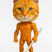 Paws is registered to the contest to win money with this photo: figurine, cat_head, muscular_body, orange_tabby, staff, toy, humanoid, statue, white_background, orange_fur, cartoonish, sculpture, animal_head, funny, standing, detailed, pose, character, collectible, fantasy