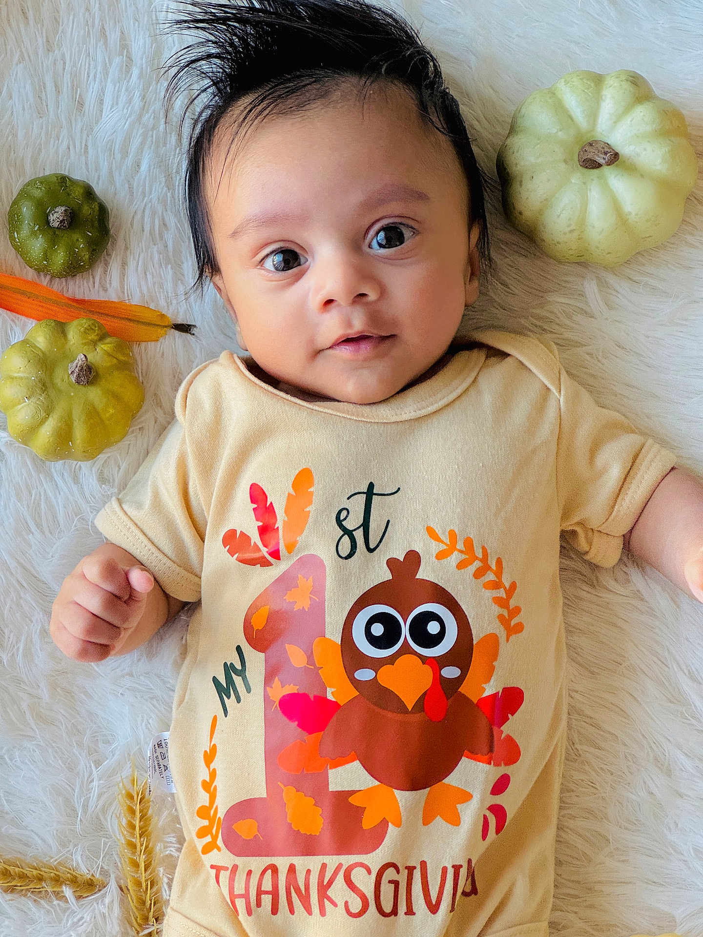 Evin joined the competition — help win amazing prizes! baby, infant, thanksgiving, onesie, turkey, gourds, autumn, fall, holiday, cute, smiling, face, person, lying_down, white_rug, decor, festive, child, happy, celebration
