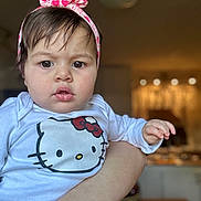 Alaia joined the competition — help win amazing prizes! baby, child, face, headband, indoor, person, portrait, clothing, hello_kitty, cute, expression, hand, skin, hair, infant, holding, soft_lighting, background_blur, warm_lighting, young