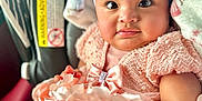 Diana joined the competition — help win amazing prizes! adorable, baby, baby_clothing, car_interior, car_seat, child, closeup, cute, flower, happy, headband, indoor, infant, pink_dress, portrait, seatbelt, smile, soft_lighting, wide_eyes, young_child