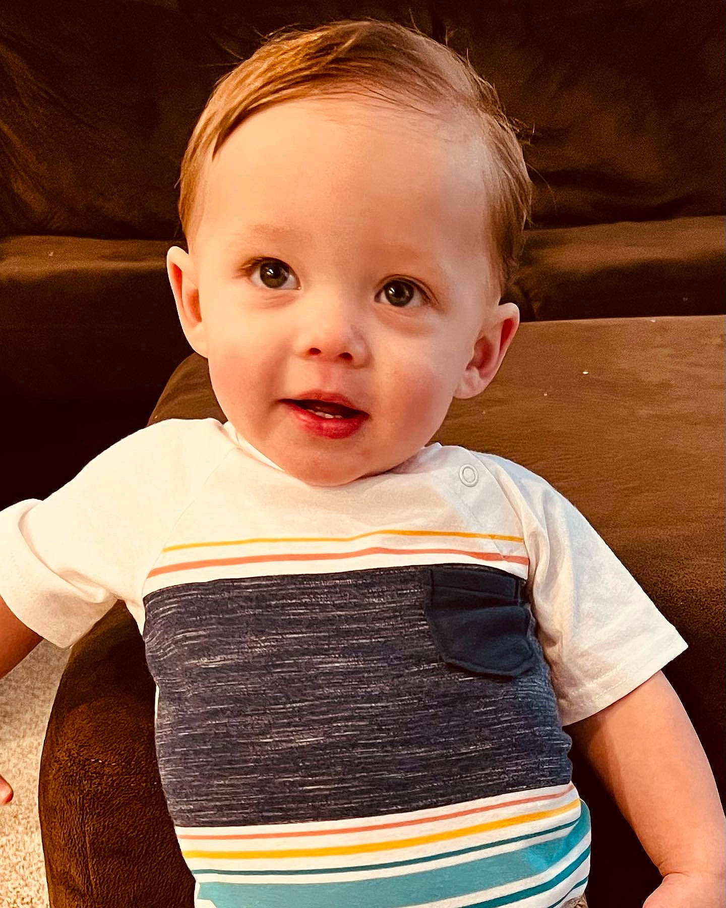 Lincoln is registered to the contest to win money with this photo: baby, baby_toddler_clothing, cheek, child, collar, electric_blue, eyelash, flash_photography, hair, happy, iris, lip, neck, nose, pattern, person, skin, sleeve, t_shirt, toddler