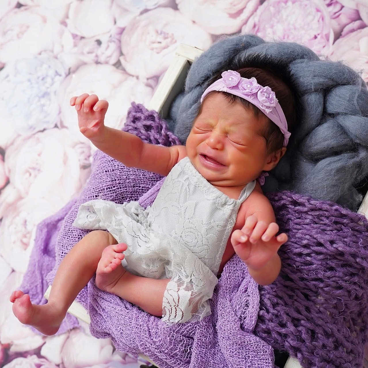 Janella Rose joined the competition — help win amazing prizes! baby, baby_clothing, basket, crying, cute, feet, flower_background, gray_blanket, hands, headband, indoors, infant, lace_dress, newborn, portrait, purple_blanket, skin, sleepwear, small, soft_texture