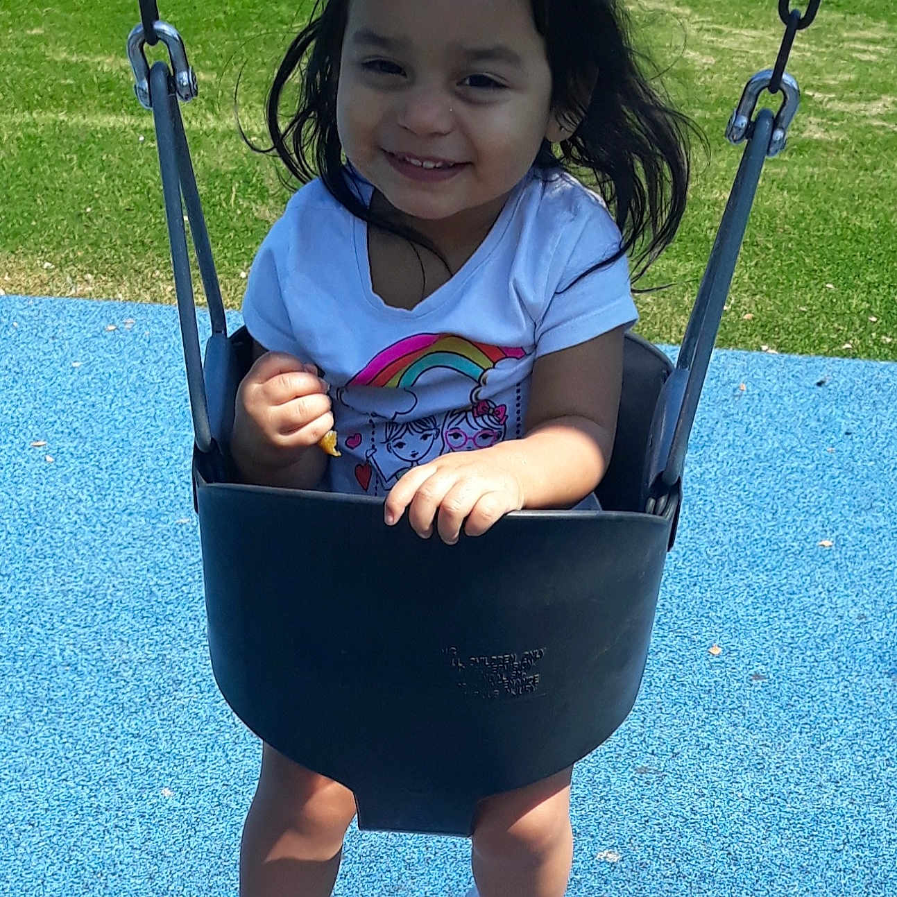 Lana joined the competition — help win amazing prizes! child, fun, joy, outdoor_play_equipment, person, play, playground, product, public_space, recreation, smile, swing, toddler, vacation