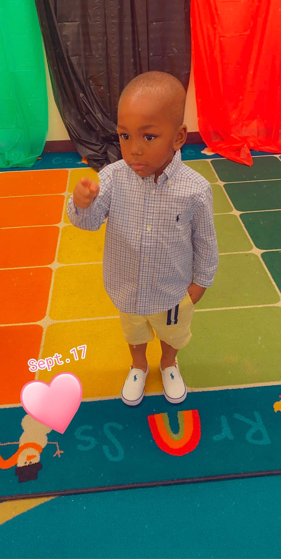 Taylin joined the competition — help win amazing prizes! art, balloon, blue, child, design, floor, flooring, fun, games, green, leisure, line, orange, pattern, person, photograph, recreation, snapshot, toddler, toy