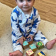 Danny is registered to the contest to win money with this photo: baby, carpet, child, cute, dinosaur_print, feet, floor, hand, happy, home, indoor, infant, pajamas, person, play, play_mat, smiling, toddler, toy, wooden_blocks