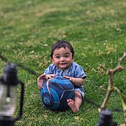 Danny is registered to the contest to win money with this photo: baby, child, grass, soccer_ball, outdoor, smiling, happy, barefoot, blue_clothing, playing, nature, cute, young, sitting, toy, greenery, face, person, daylight, fun