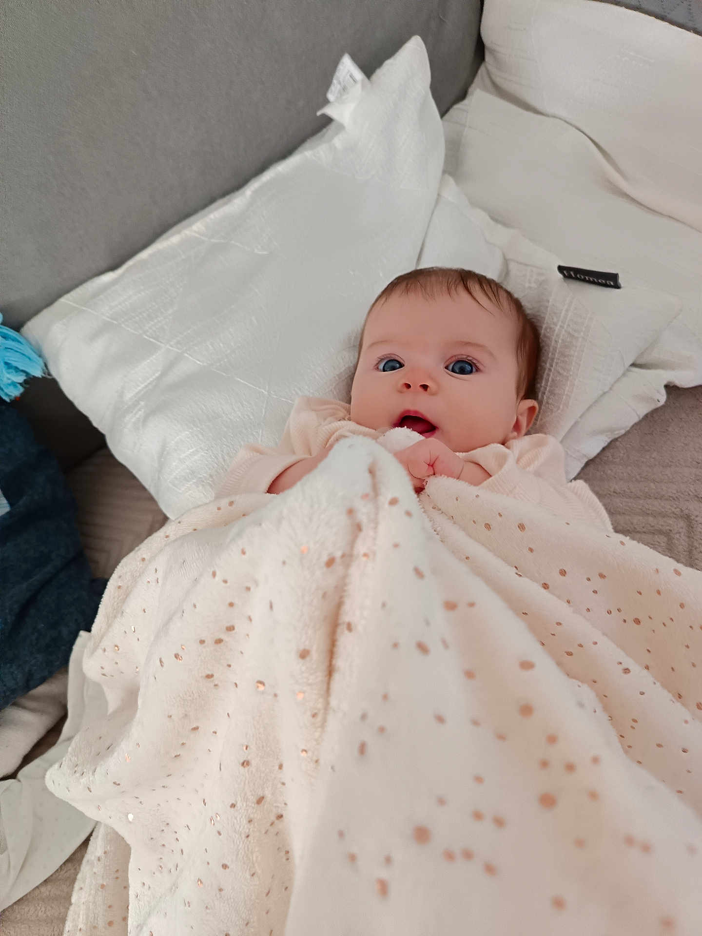 Leonida Ana participe au concours pour gagner de l'argent avec cette photo : baby, blanket, pillow, face, infant, bed, comfort, soft, cute, child, resting, indoors, cozy, portrait, blue_eyes, clothing, expression, lying_down, looking_up, skin