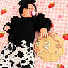 baby, infant, child, portrait, lying_down, pacifier, bow, headband, black_clothing, ruffles, cow_print, pants, strawberry, blanket, pink, picnic_blanket, milestone, two_months, wooden_sign, indoor