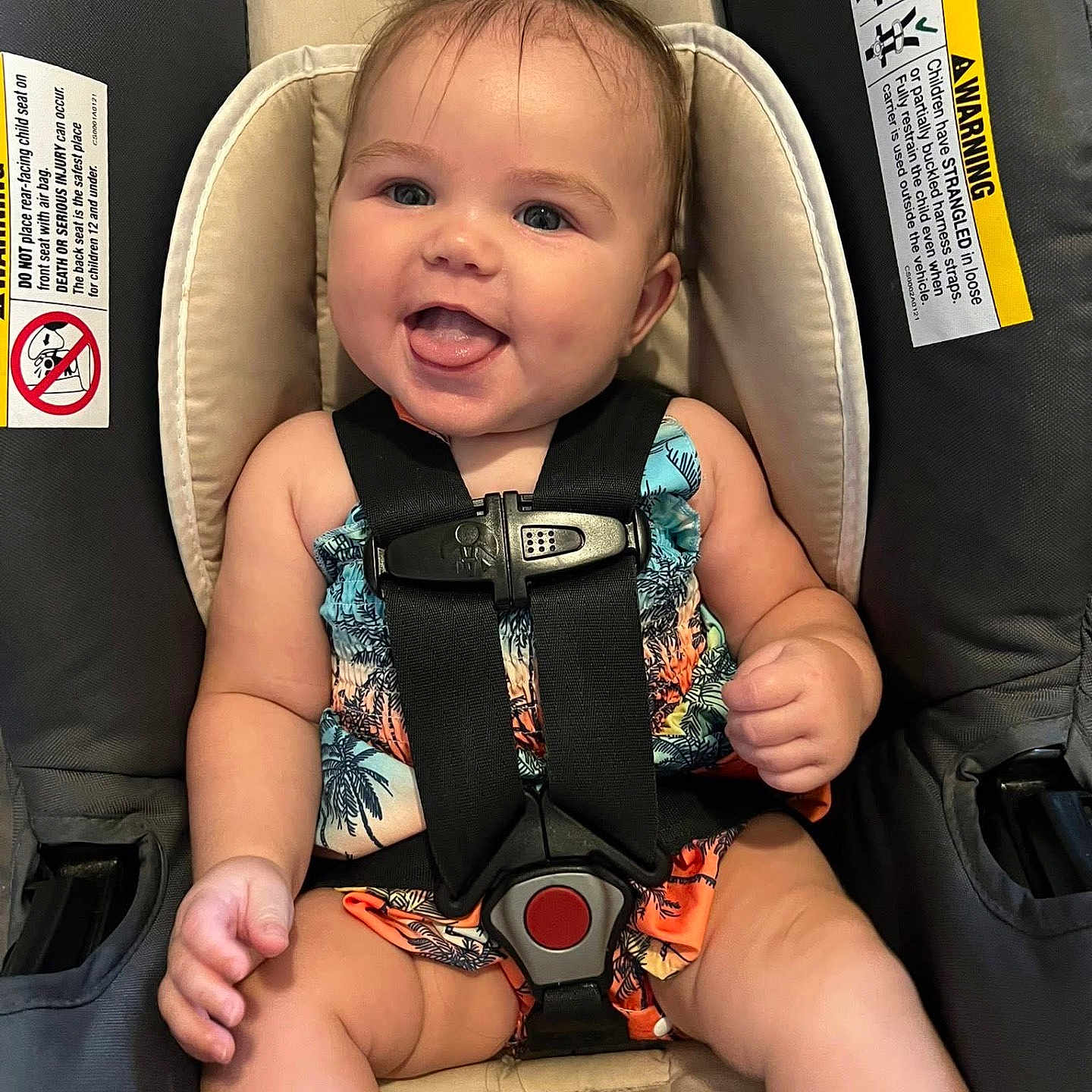 Mackenzie joined the competition — help win amazing prizes! baby, car_seat, child, closeup, colorful_clothing, cute, hair_tie, happy, indoors, infant, legs, person, portrait, safety_harness, seat, small_hands, smiling, straps, tongue_out, tropical_pattern