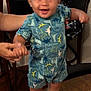 Shiye is registered to the contest to win money with this photo: toddler, child, indoor, standing, dinosaur_print, romper, green_sneakers, adult_hands, joyful, motion_blur, wooden_floor, furniture, chair, person, smile, cute, baby, clothing, support, happy