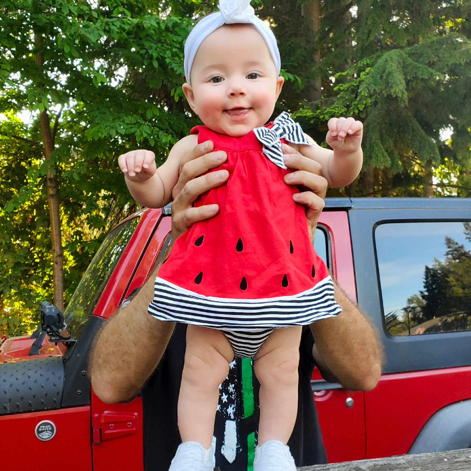 Waverly is registered to the contest to win money with this photo: baby, cap, car, clothing, dress, face, footwear, grass, hat, head, outdoors, person, photography, plant, portrait, shoe, transportation, tree, vegetation, vehicle