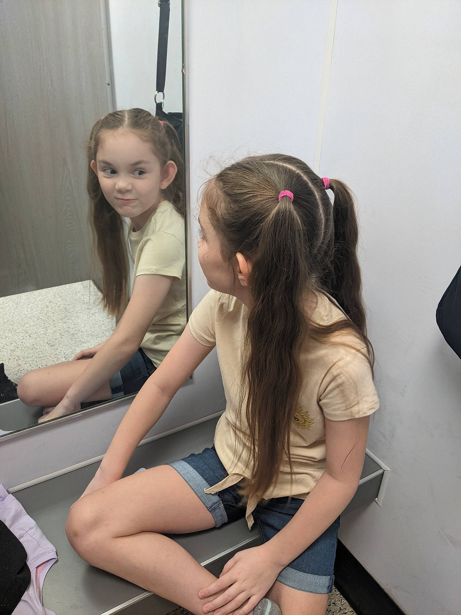 Chloe joined the competition — help win amazing prizes! black_hair, child, curtain, elbow, eyewear, fashion, fashion_design, fun, hair_tie, hairstyle, human_leg, joint, knee, long_hair, person, room, shoulder, sitting, sportswear, t_shirt