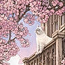 animal, art, balcony, branch, cat, cherry_blossom, flora, illustration, nature, outdoor, pastel_colors, pet, pink_flowers, plant, serene, sky, spring, tree, window, wood