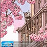 advertisement, architecture, art, balcony, building, cat, cherry_blossoms, drawing, feline, illustration, nature, overlay, pet, pink_flowers, screen_capture, sky, social_media, spring, text_overlay, tree