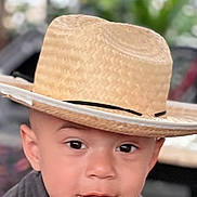 Izael joined the competition — help win amazing prizes! toddler, child, hat, straw_hat, face, eyes, mouth, expression, portrait, cute, indoor, blurred_background, curious, young_child, headwear, person, closeup, skin, eyebrows, casual_clothing