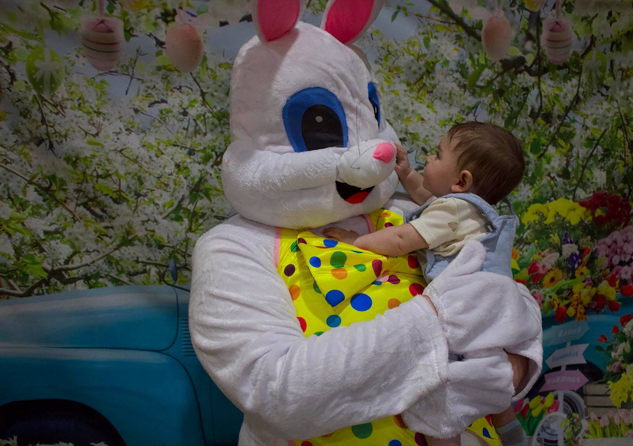 Grayson is registered to the contest to win money with this photo: baby, baby_toddler_clothing, child, easter_bunny, event, fun, grass, happy, head, leisure, mammal, person, pink, rabbit, rabbits_and_hares, recreation, stuffed_toy, toddler, toy, vehicle_door