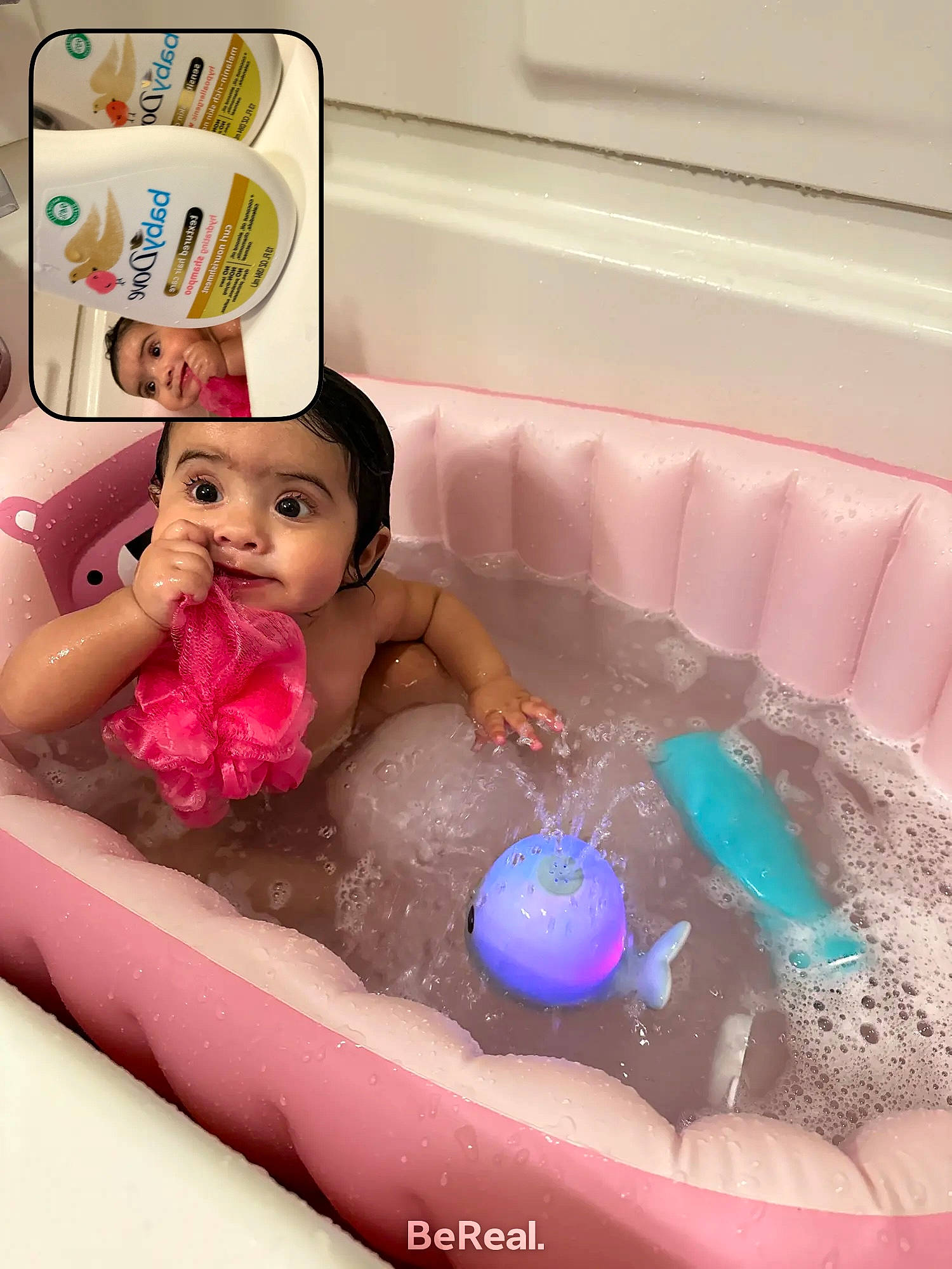 Jaylani is registered to the contest to win money with this photo: baby_bathing, baby_products, bath_toy, bathing, bathroom, bathtub, child, fluid, foam, fun, happy, headwear, leisure, liquid, person, personal_care, pink, plumbing, product, toddler