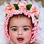 baby, child, face, portrait, pink, bonnet, flowers, headwear, cute, expression, skin, eyes, mouth, infant, closeup, adorable, soft, innocent, young, person