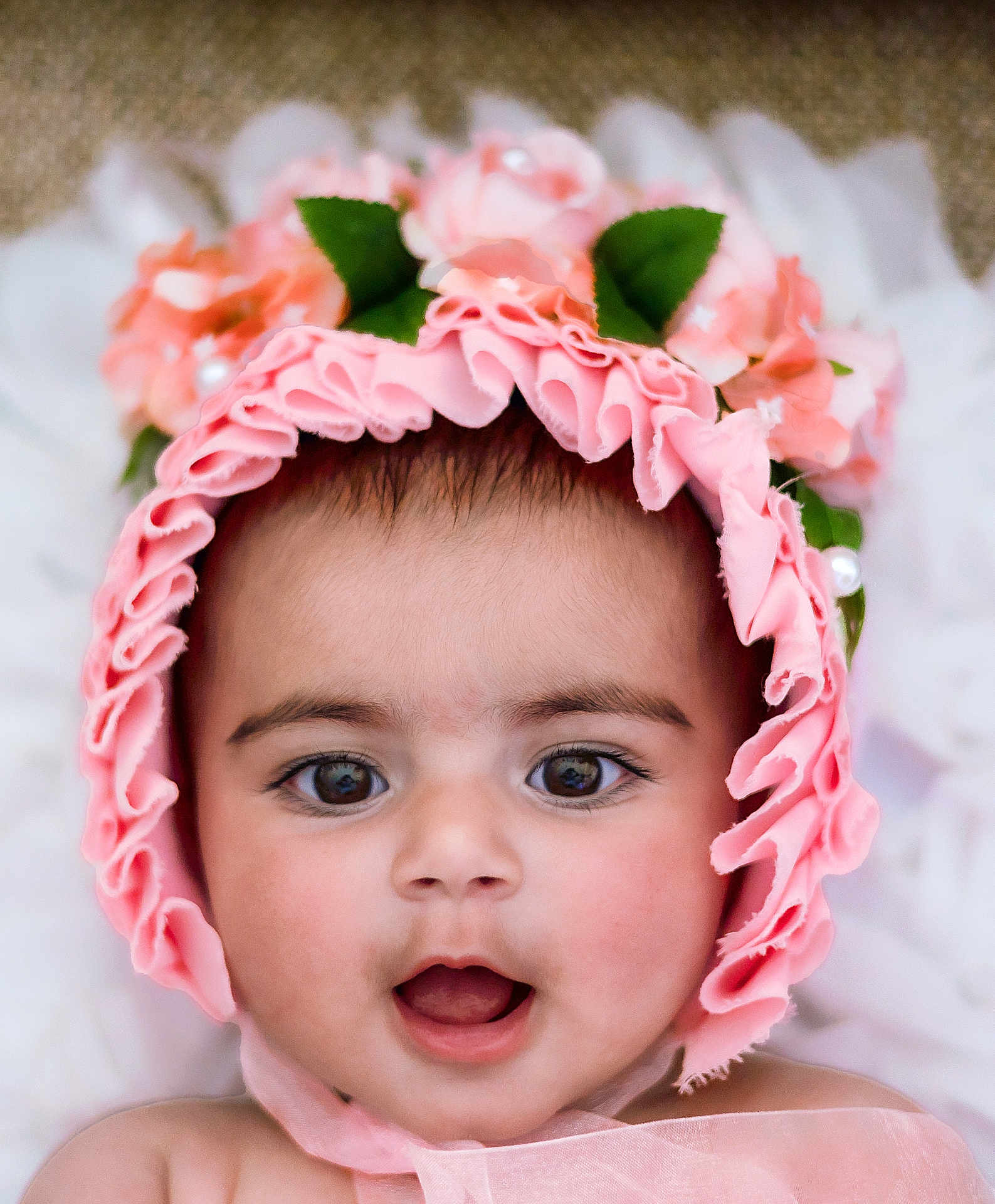 Rubab Kaur is registered to the contest to win money with this photo: baby, child, face, portrait, pink, bonnet, flowers, headwear, cute, expression, skin, eyes, mouth, infant, closeup, adorable, soft, innocent, young, person