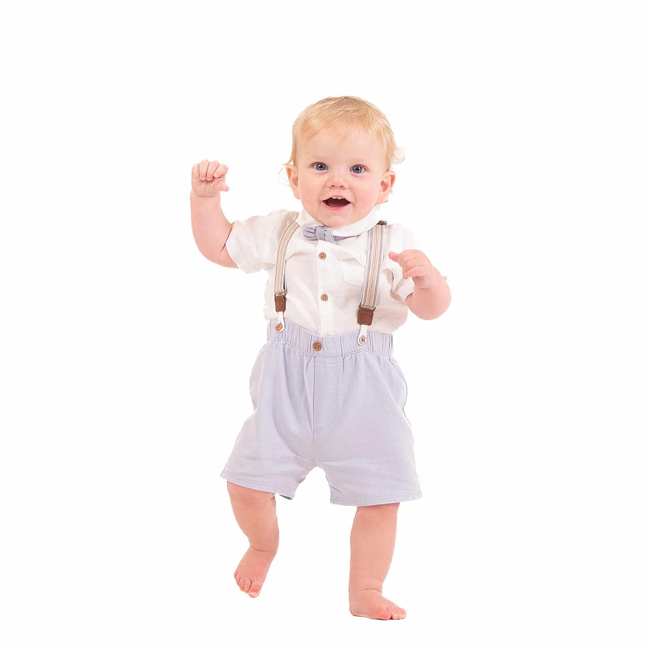 Louie joined the competition — help win amazing prizes! baby, barefoot, bow_tie, boy, child, clothing, cute, fashion, happy, infant, isolated, person, portrait, shorts, smiling, standing, studio, suspenders, toddler, white_background