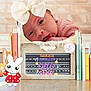advertisement, baby, bodypart, bonnet, book, clothing, face, finger, furniture, hat, head, indoors, newborn, person, photography, portrait, poster, publication, reading, toy