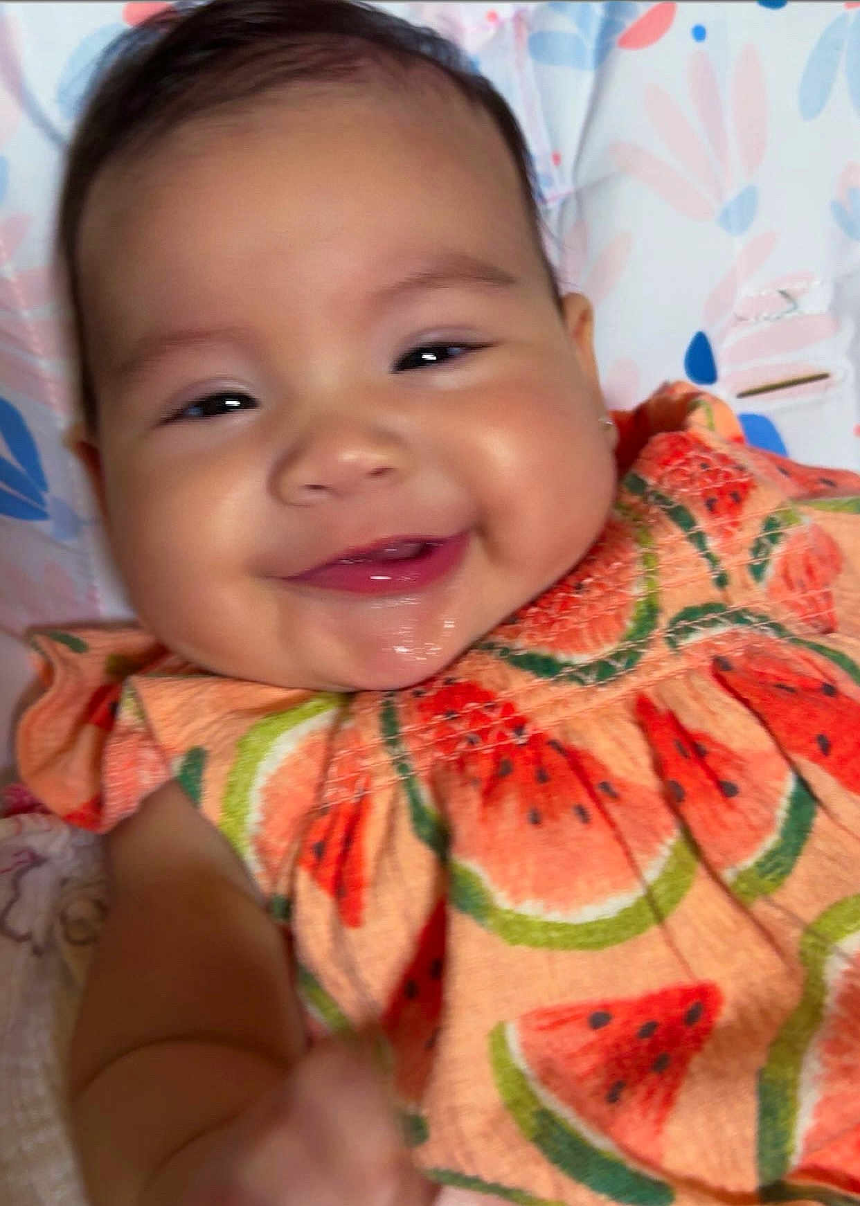 Valentina joined the competition — help win amazing prizes! baby, smile, face, infant, child, clothing, pattern, watermelon, colorful, portrait, cute, happy, closeup, skin, cheeks, eyes, mouth, background, fabric, person