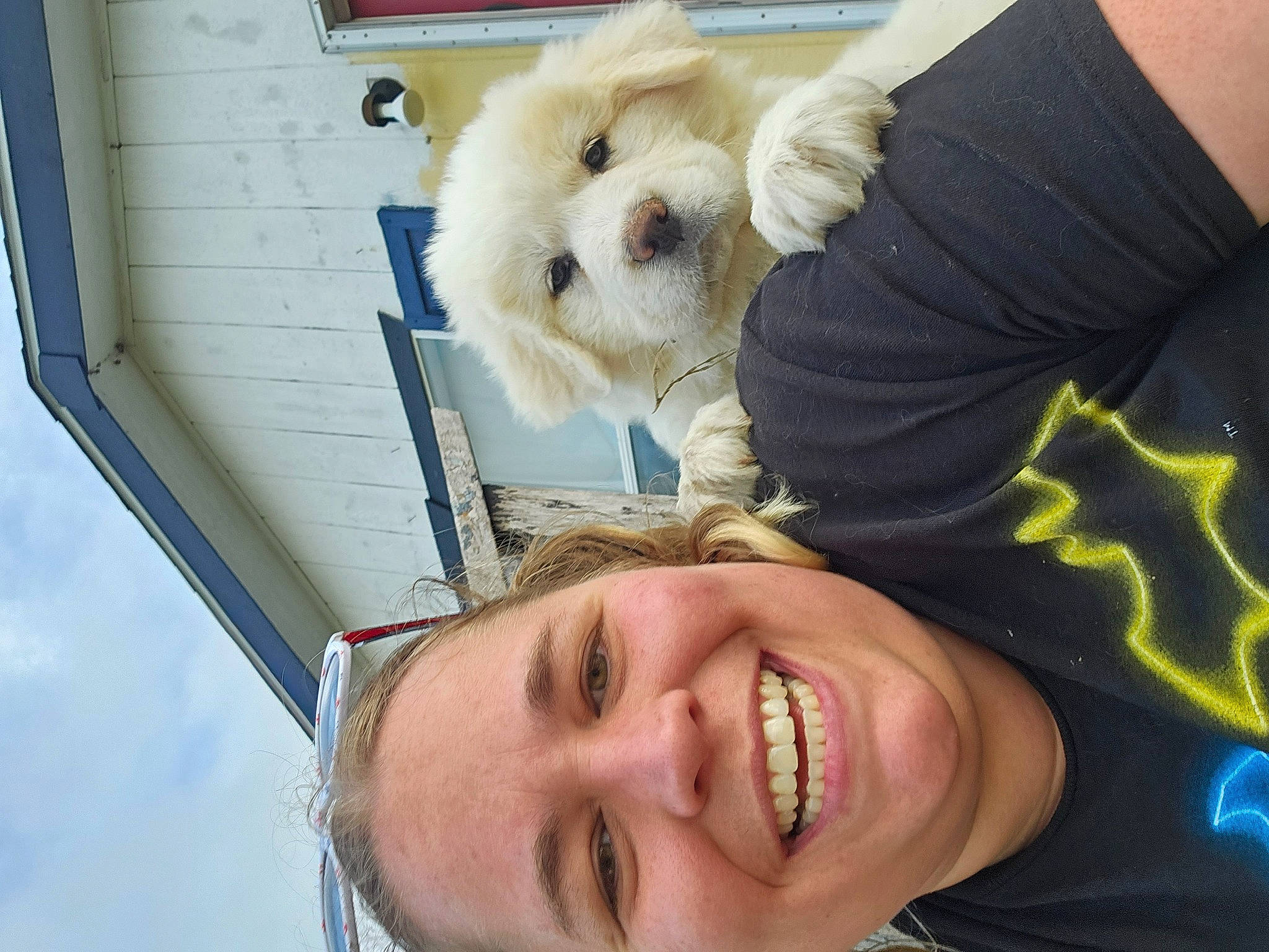 Kira joined the competition — help win amazing prizes! canidae, carnivore, child, companion_dog, dog, dog_breed, eyewear, fun, gesture, happy, laugh, pomeranian, selfie, small_terrier, smile, sporting_group, sunglasses, t_shirt, toy_dog, white