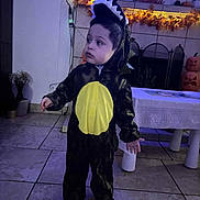 Aries is registered to the contest to win money with this photo: toddler, child, dinosaur_costume, costume, indoor, autumn_decor, pumpkins, carved_pumpkins, floor_tiles, table, tablecloth, curious_expression, person, holiday, halloween, decorations, vase, flowers, fireplace, cozy