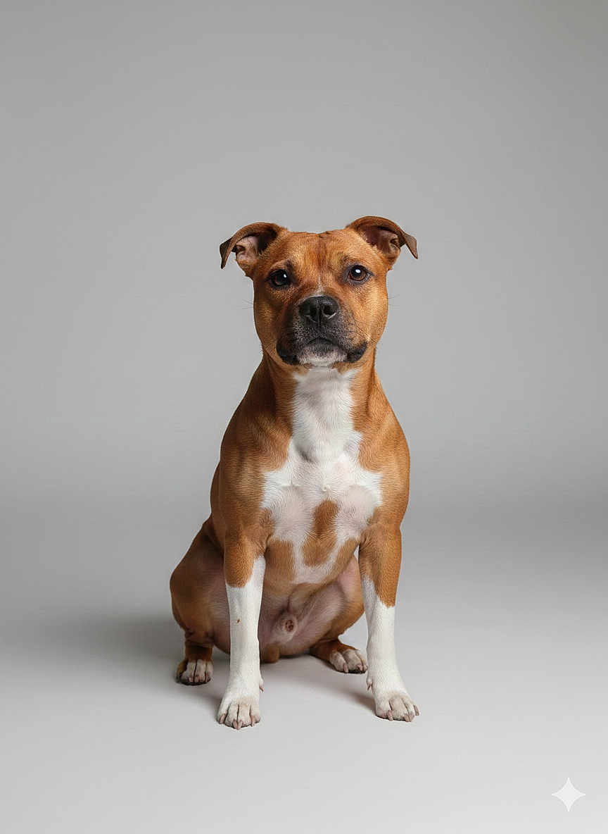 Ikki a rejoint le concours — aidez-le/la à gagner de superbes lots ! dog, brown, white, sitting, studio, portrait, pet, canine, animal, fur, ears, paws, eyes, nose, snout, alert, background, isolated, indoor, calm
