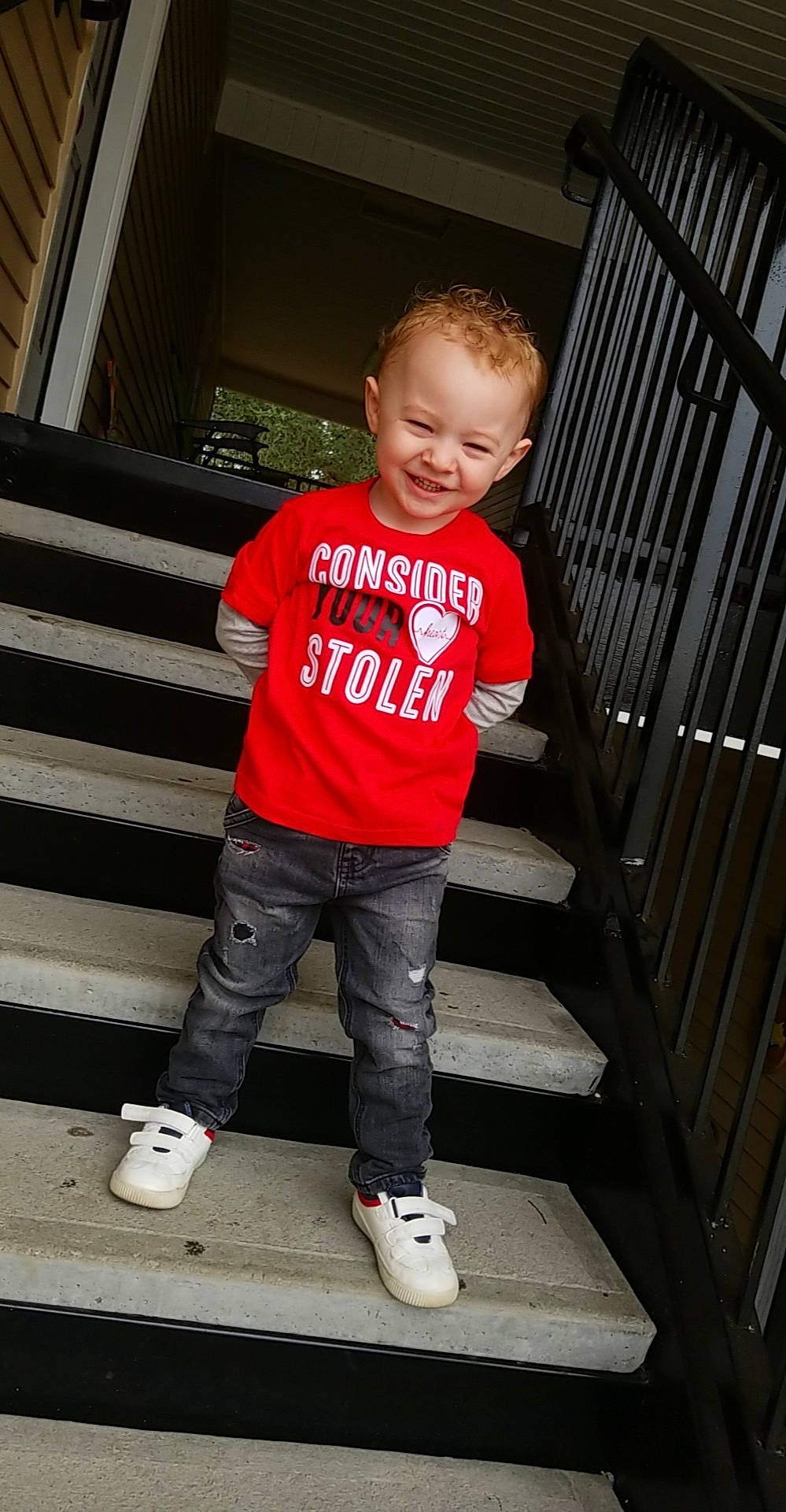 Wade joined the competition — help win amazing prizes! child, cool, denim, footwear, jeans, joy, leg, person, shoe, sleeve, smile, standing, t_shirt, toddler