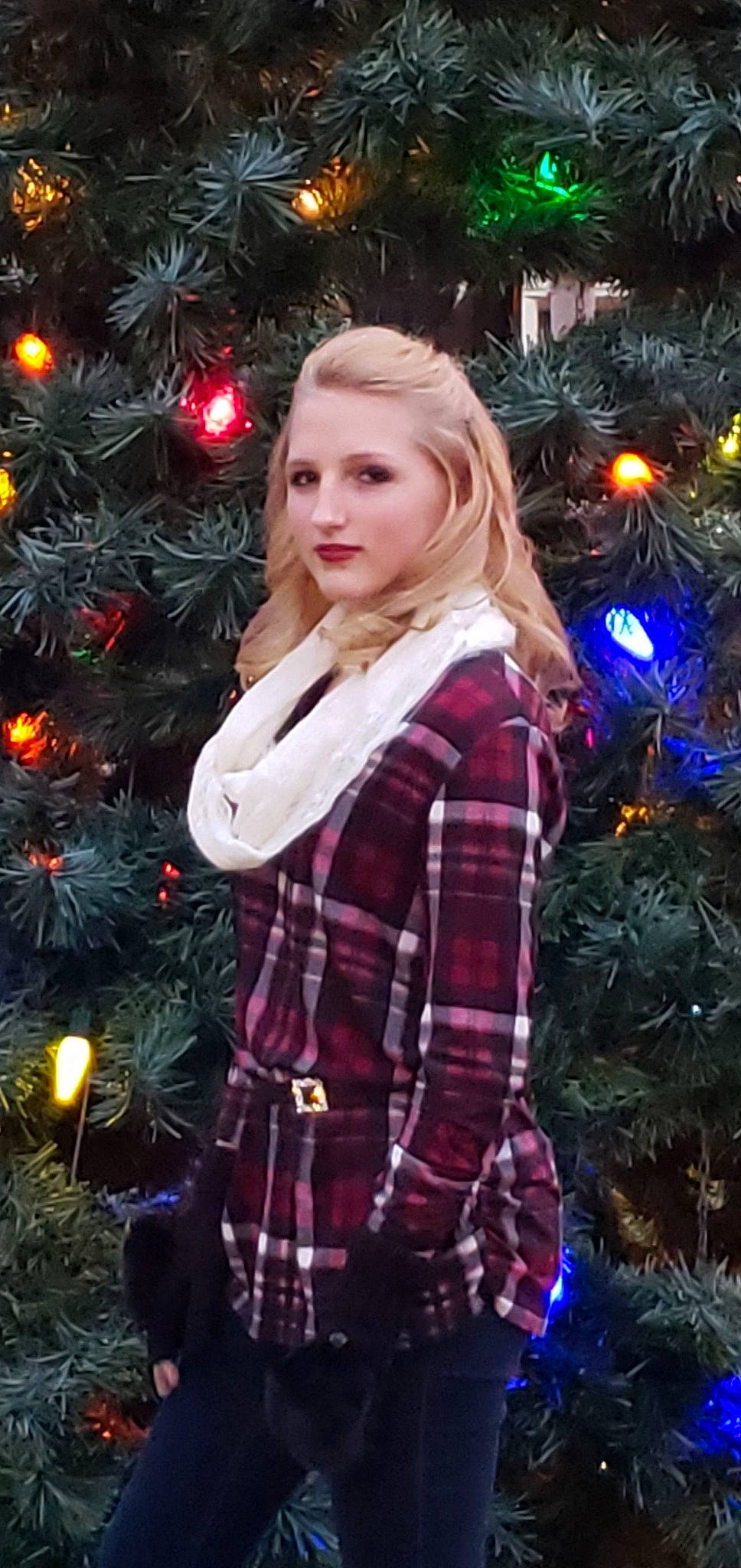Landyn joined the competition — help win amazing prizes! blond, christmas, christmas_decoration, christmas_eve, christmas_lights, christmas_ornament, christmas_tree, design, event, fir, holiday, interior_design, lady, long_hair, outerwear, pattern, person, plaid, sparkler, tartan