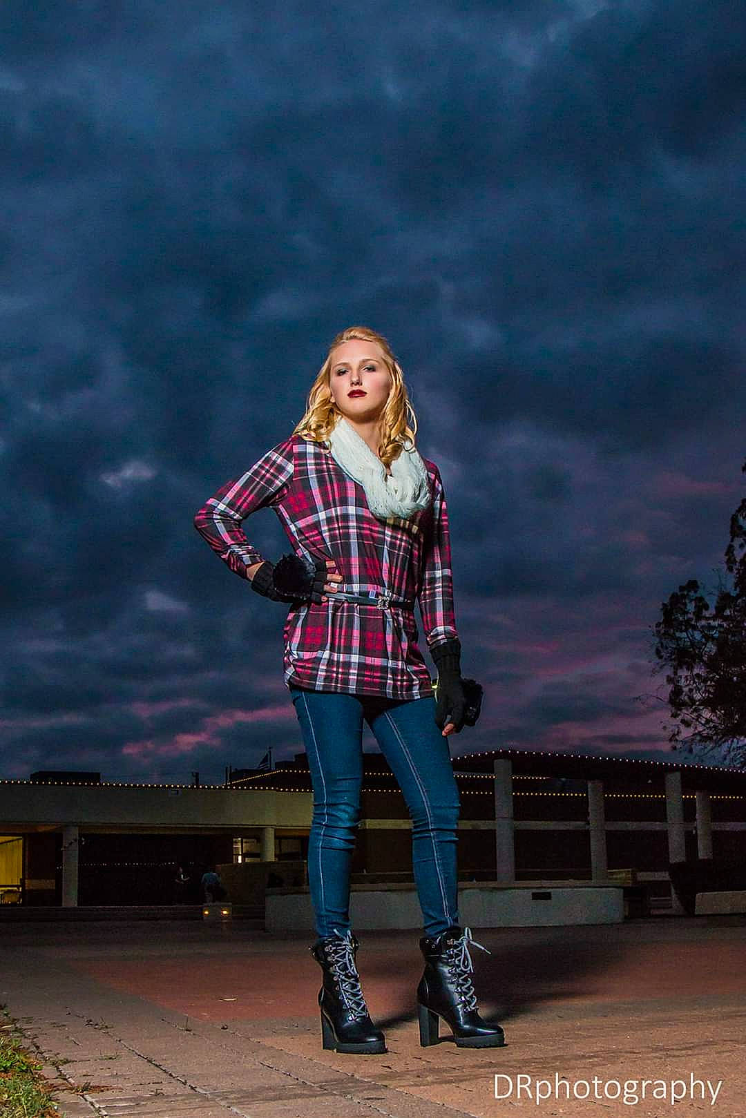 Landyn joined the competition — help win amazing prizes! beauty, blond, blue, clothing, design, fashion, flash_photography, footwear, jeans, lady, model, outerwear, pattern, person, photograph, photography, plaid, sky, standing, tartan