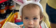 Zelda is registered to the contest to win money with this photo: toddler, child, bunny_ears, shopping_cart, store, price_tag, blue_shirt, curious, face, person, indoor, clothing, cute, headwear, retail, baby, young_child, sitting, portrait, expression