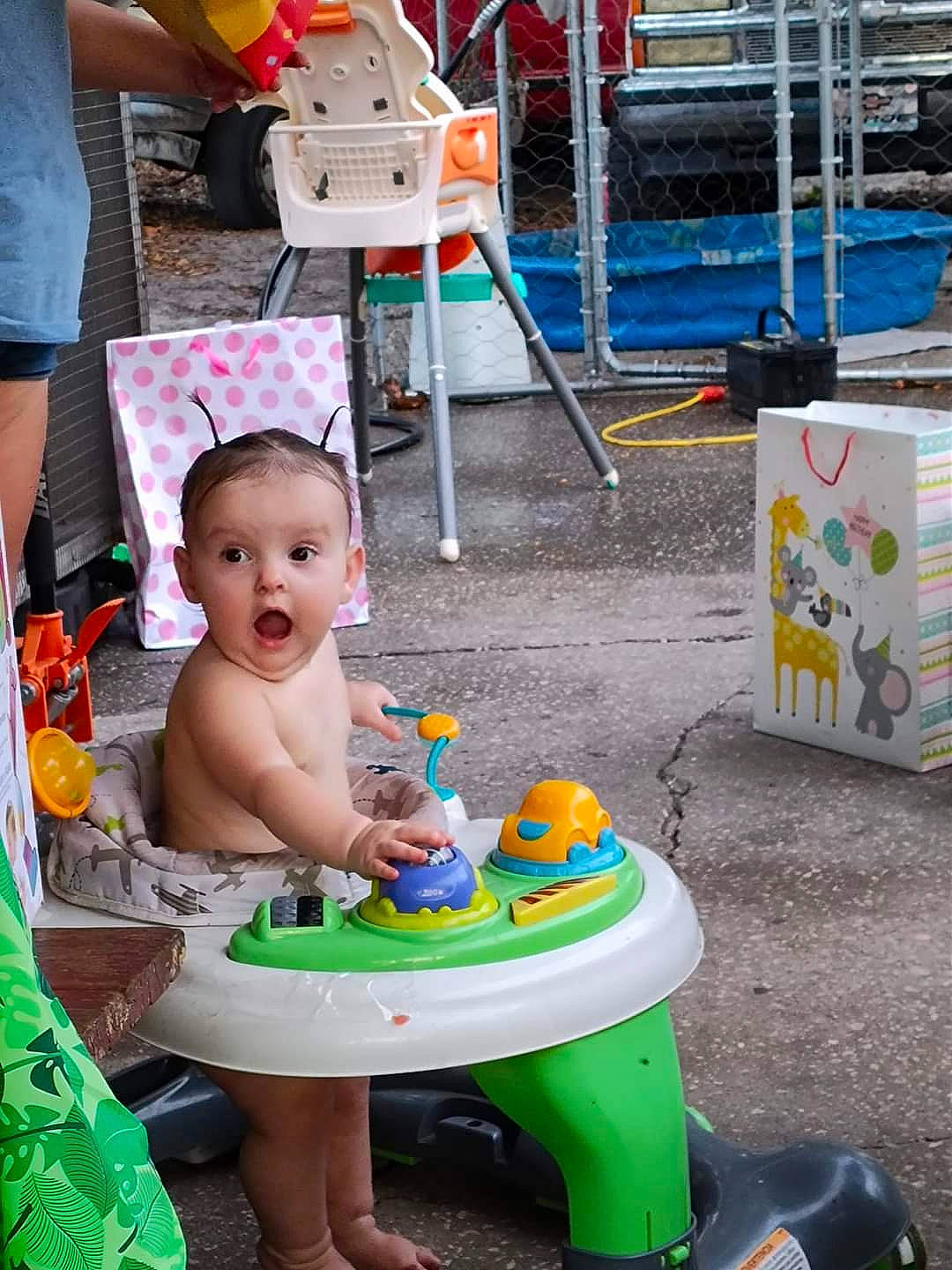 Violet is registered to the contest to win money with this photo: baby, baby_products, chair, child, event, fun, hat, human_settlement, ladder, leisure, person, play, recreation, sandal, shorts, sitting, summer, surprise, toddler, toy