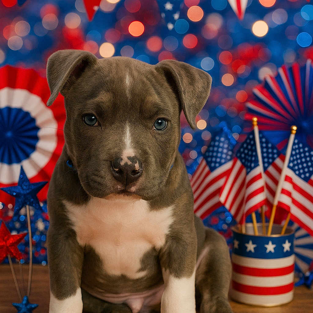 Tank is registered to the contest to win money with this photo: american_flags, animal, background, blue_eyes, bunting, celebration, cute, decorations, dog, festive, holiday, independence_day, patriotic, pet, portrait, puppy, red_white_blue, sitting, stars, wooden_floor